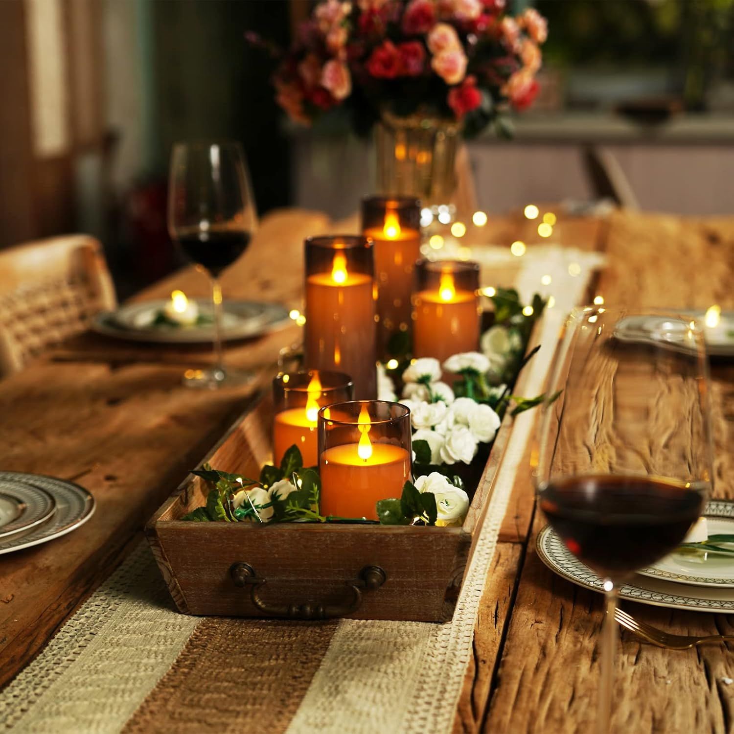 Showcases the product (candles) in a real-world dining context to help shoppers visualize how it creates ambiance and enhances their home entertaining…