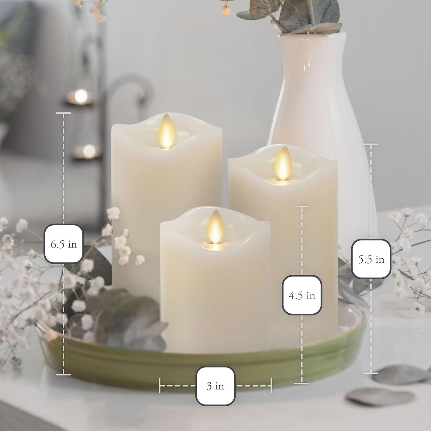 Communicates the exact physical dimensions of the candle set (heights of 4.5 in, 5.5 in, 6.5 in and diameter of 3 in) to help shoppers understand the size and…