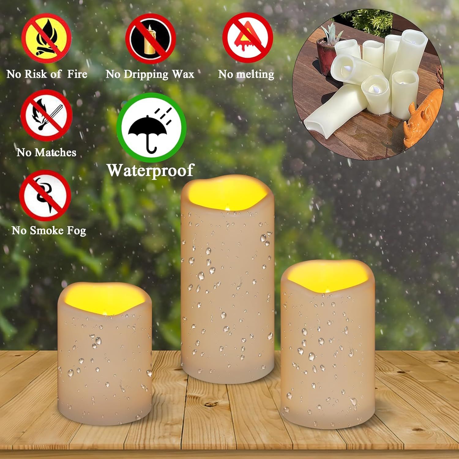 Communicates that these LED candles are safe alternatives to traditional candles, eliminating fire hazards, wax mess, and smoke while being waterproof for outdoor use. Highlights multiple distinct…