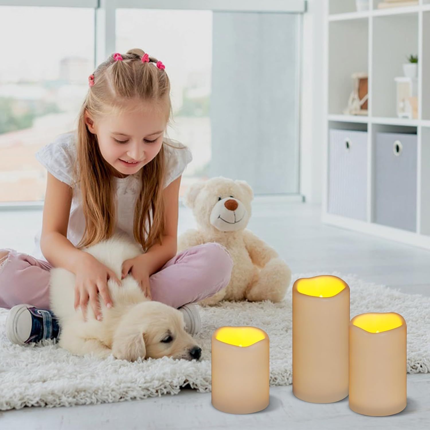 Demonstrates the product (LED candles) in a real-world home setting with a child and pet, showing it creates a safe, warm ambiance without the hazards of real…