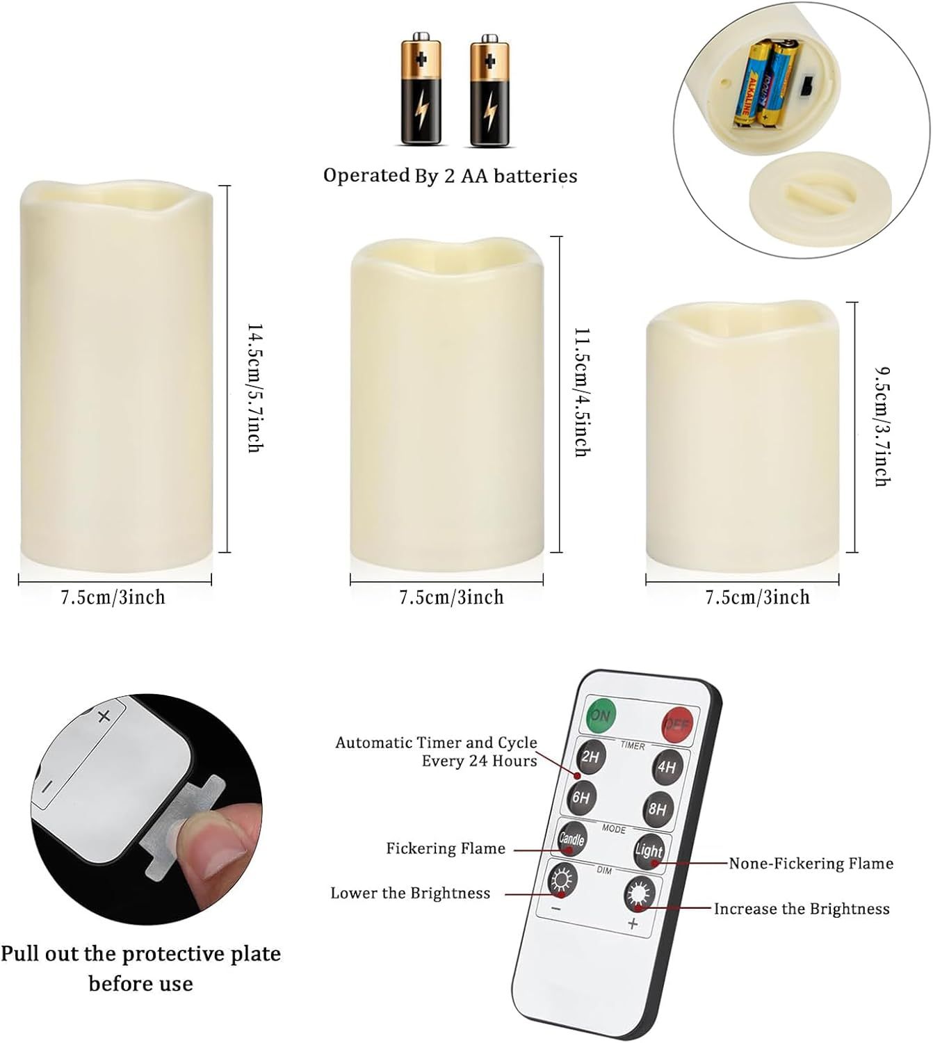This image communicates multiple product features and benefits in a segmented layout, showing shoppers the candles' size options, battery operation, remote…