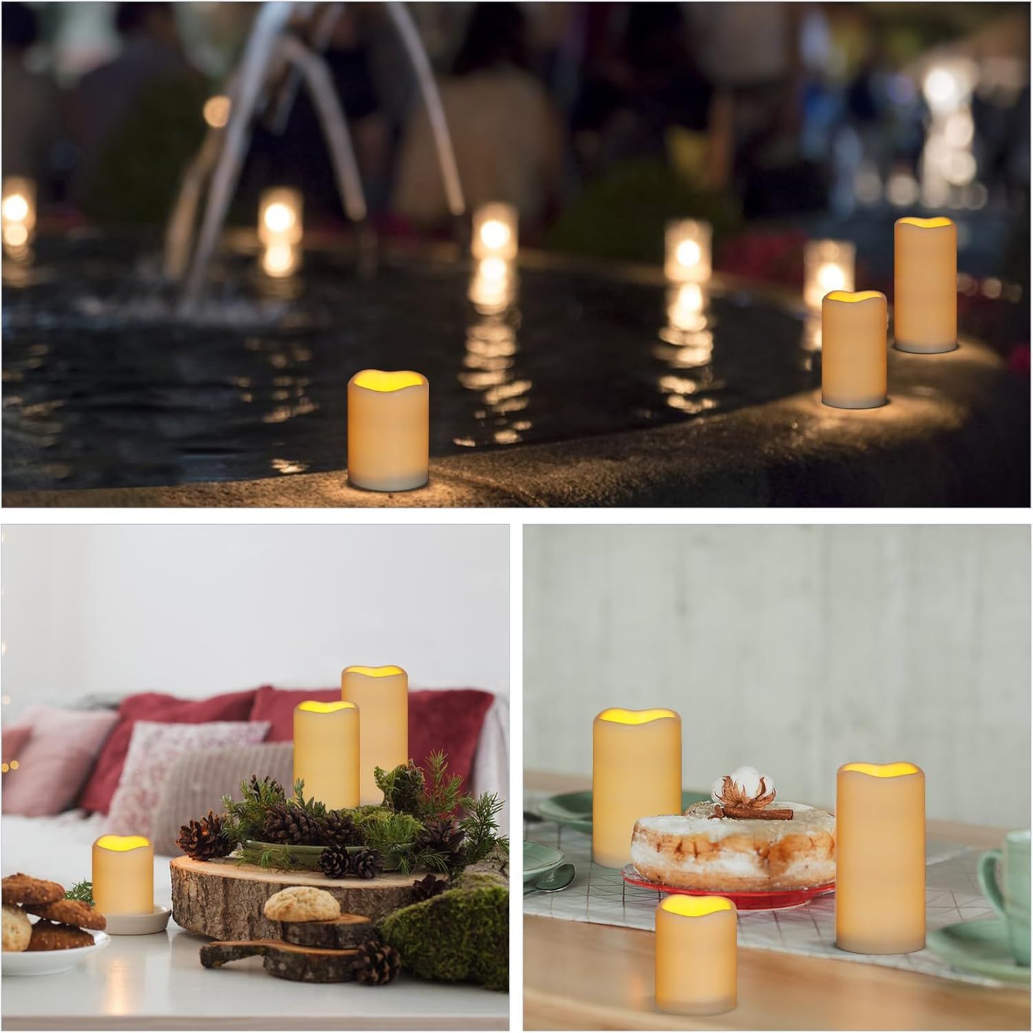 Demonstrates the versatility of the LED candles by showing them in multiple real-world environments including outdoor poolside, holiday table centerpiece, and…