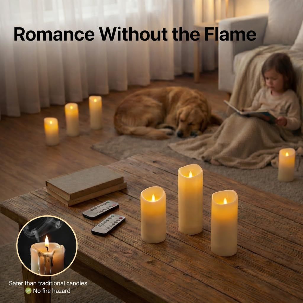 Communicates that these LED candles provide ambiance without the fire risk of traditional candles, making them safe for homes with children and pets. Highlights the primary benefit of safe,…