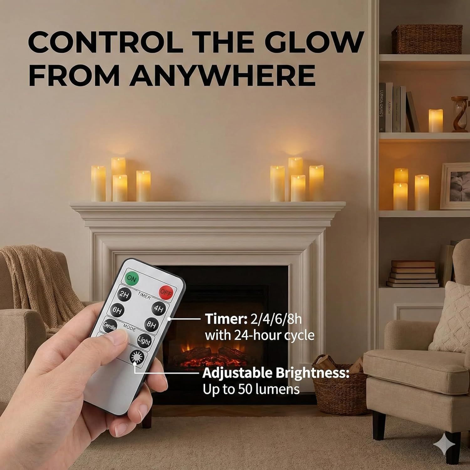 Communicates the convenience of controlling the LED candles remotely from anywhere, with timer and brightness adjustment features to reassure shoppers of ease…