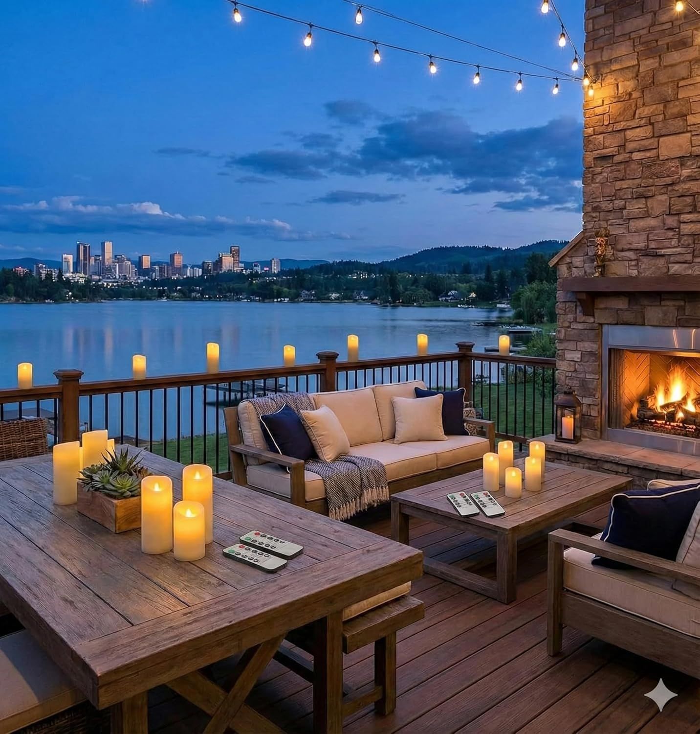 Showcases the product (likely outdoor furniture, candles, or fireplace) in a beautiful real-world setting to help shoppers envision the product enhancing…