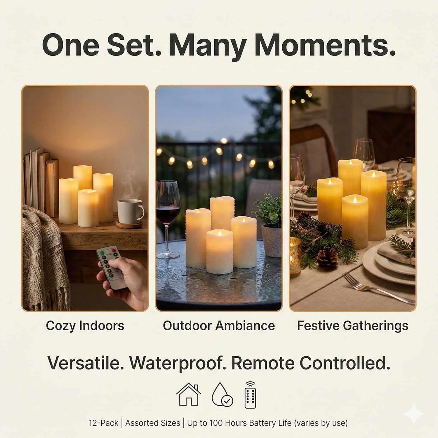 Demonstrates the versatility of the candle set by showing it in three distinct environments (cozy indoors, outdoor ambiance, festive gatherings) to help…