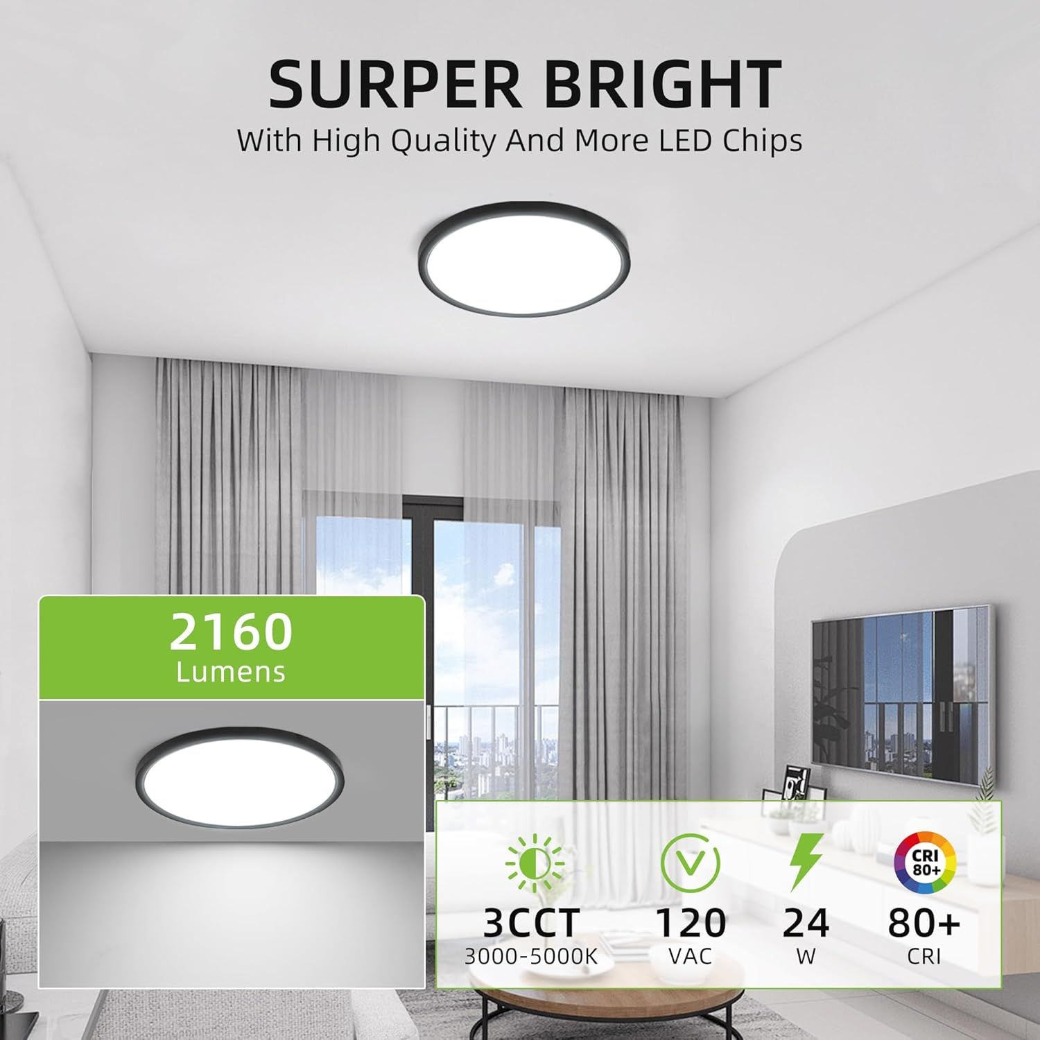 Communicates multiple technical specifications and benefits of the ceiling light in a segmented layout, highlighting brightness, color temperature options,…