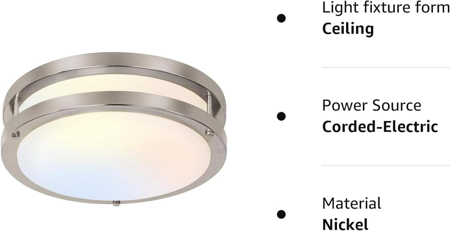 This image breaks down the key specifications of the ceiling light fixture, highlighting its form factor, power source type, and material composition to help shoppers understand the product's…