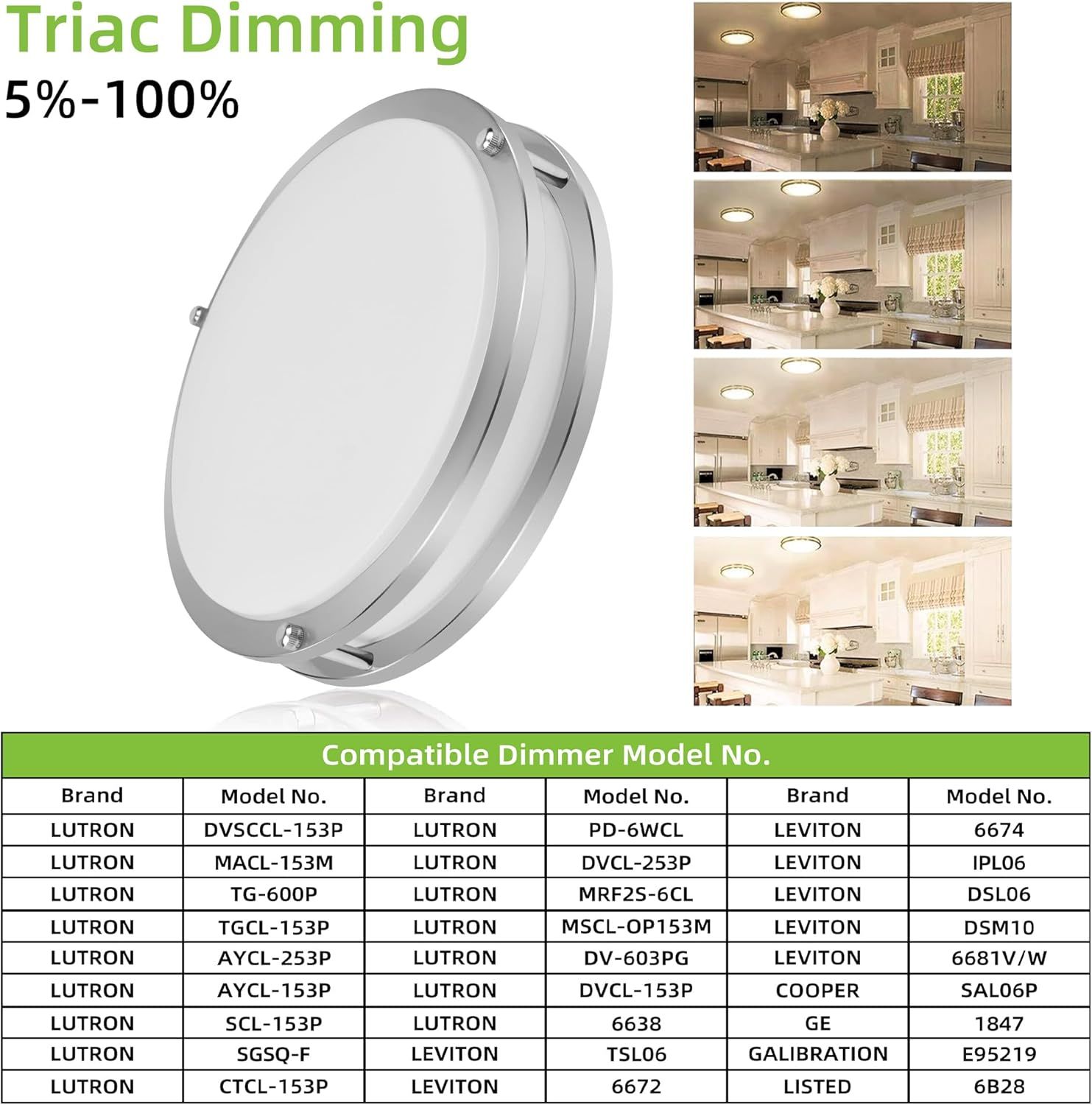 Demonstrates the product's compatibility with multiple dimmer switch brands and models, reassuring shoppers that the light will work with their existing…