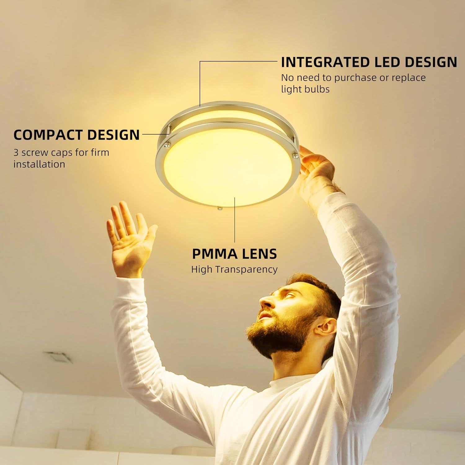 This image breaks down the ceiling light's key physical components and design features to help shoppers understand the product's construction, installation method, and material quality. Communicates…