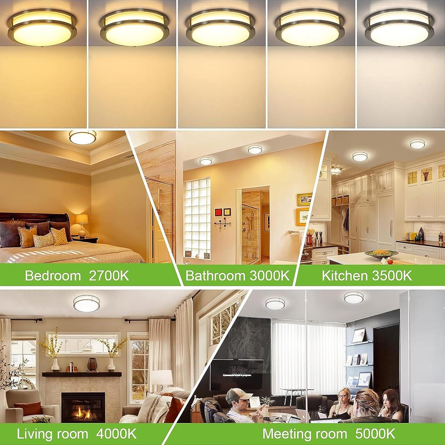 Demonstrates the product's versatility by showing it installed in five different room types (bedroom, bathroom, kitchen, living room, meeting room) with…