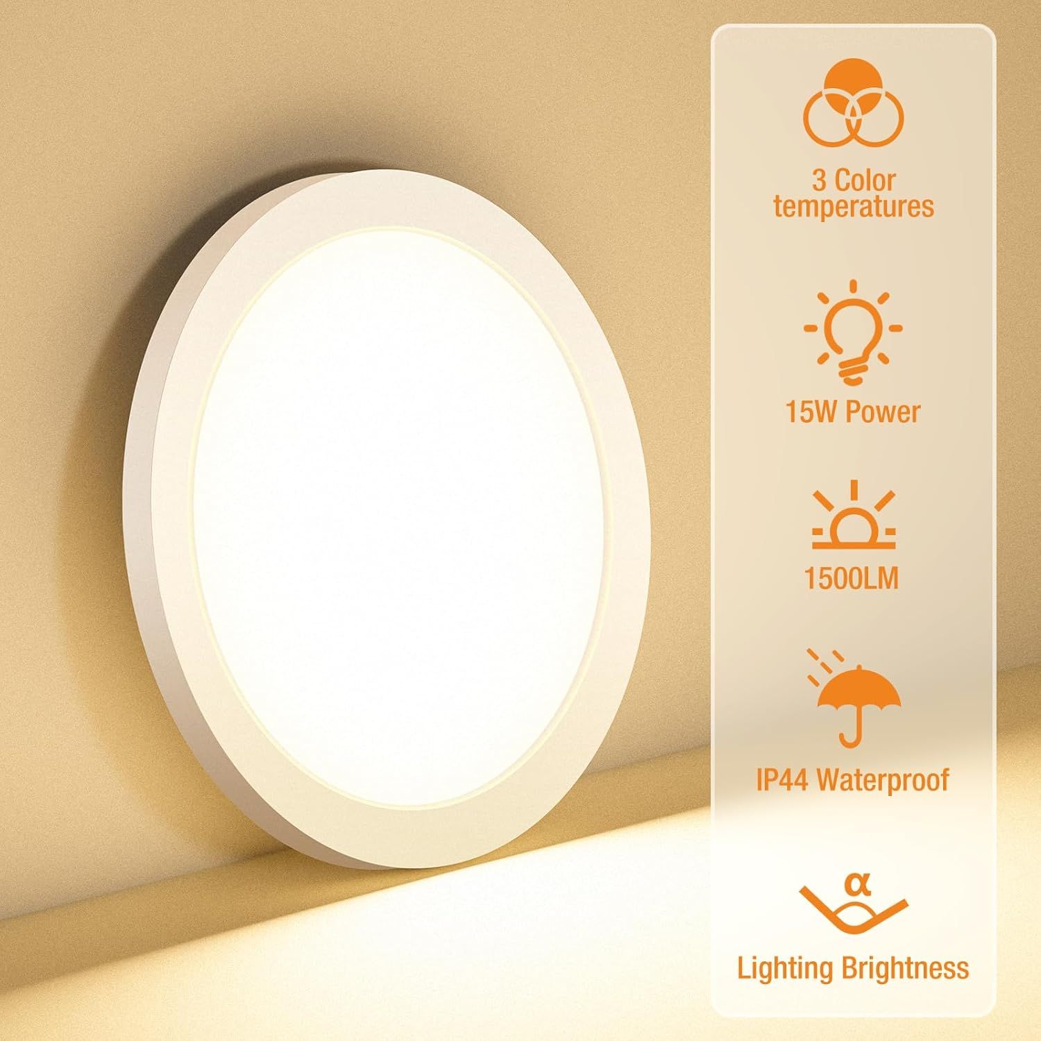 Communicates multiple key technical specifications and benefits of the ceiling light in a segmented vertical layout, helping shoppers quickly understand the…