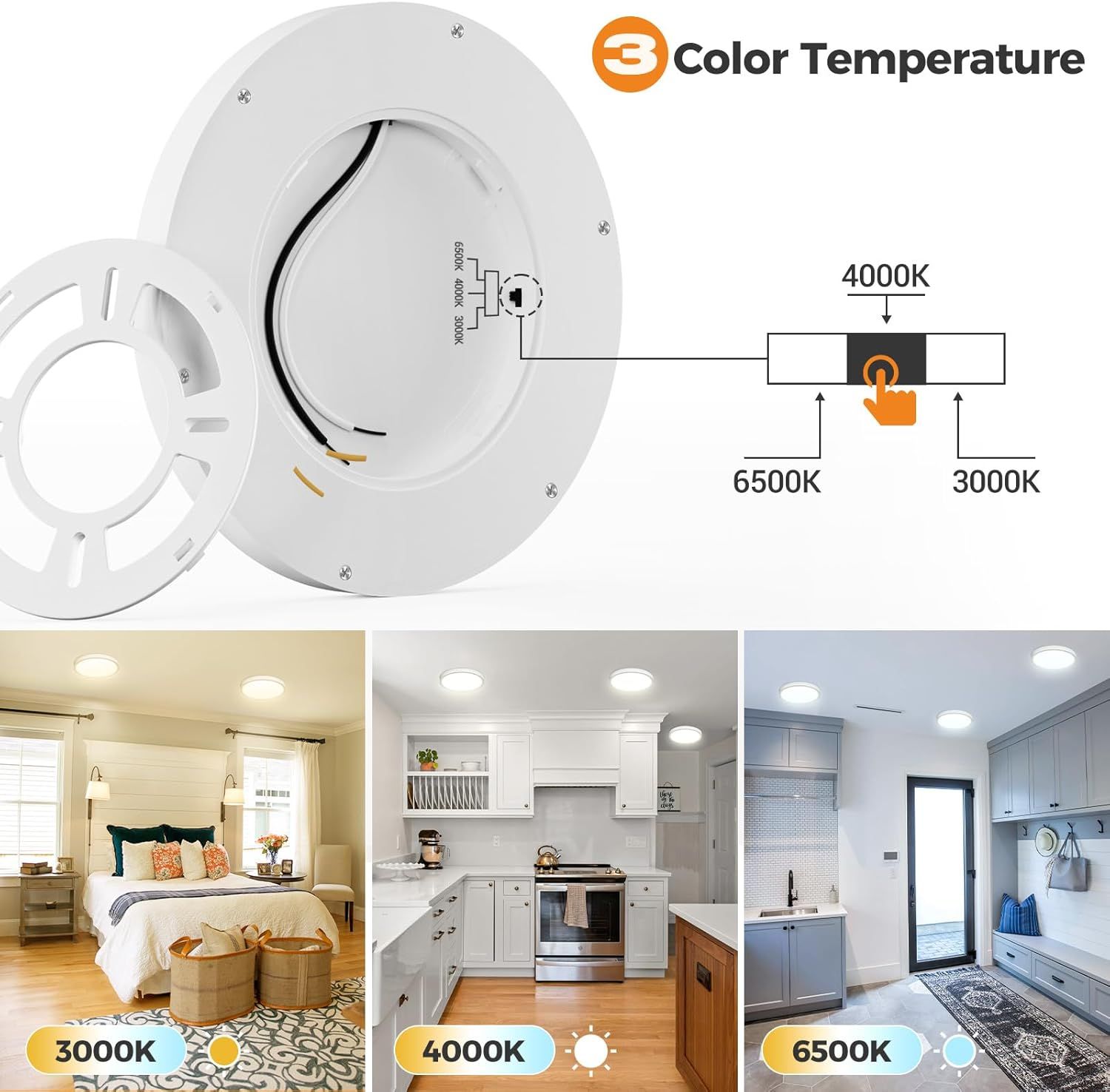 Demonstrates the product's adjustable color temperature feature (3000K, 4000K, 6500K) with a visual diagram showing how to select different lighting modes, and showcases the lighting effect in three…