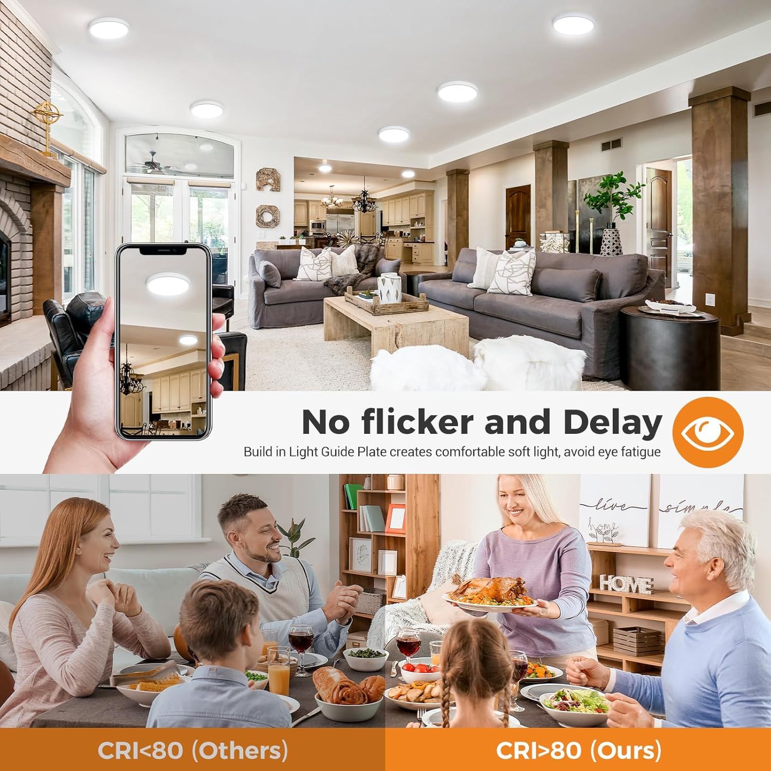 Communicates that the product's built-in light guide plate creates comfortable, soft light without flickering or delay, reducing eye fatigue and providing…