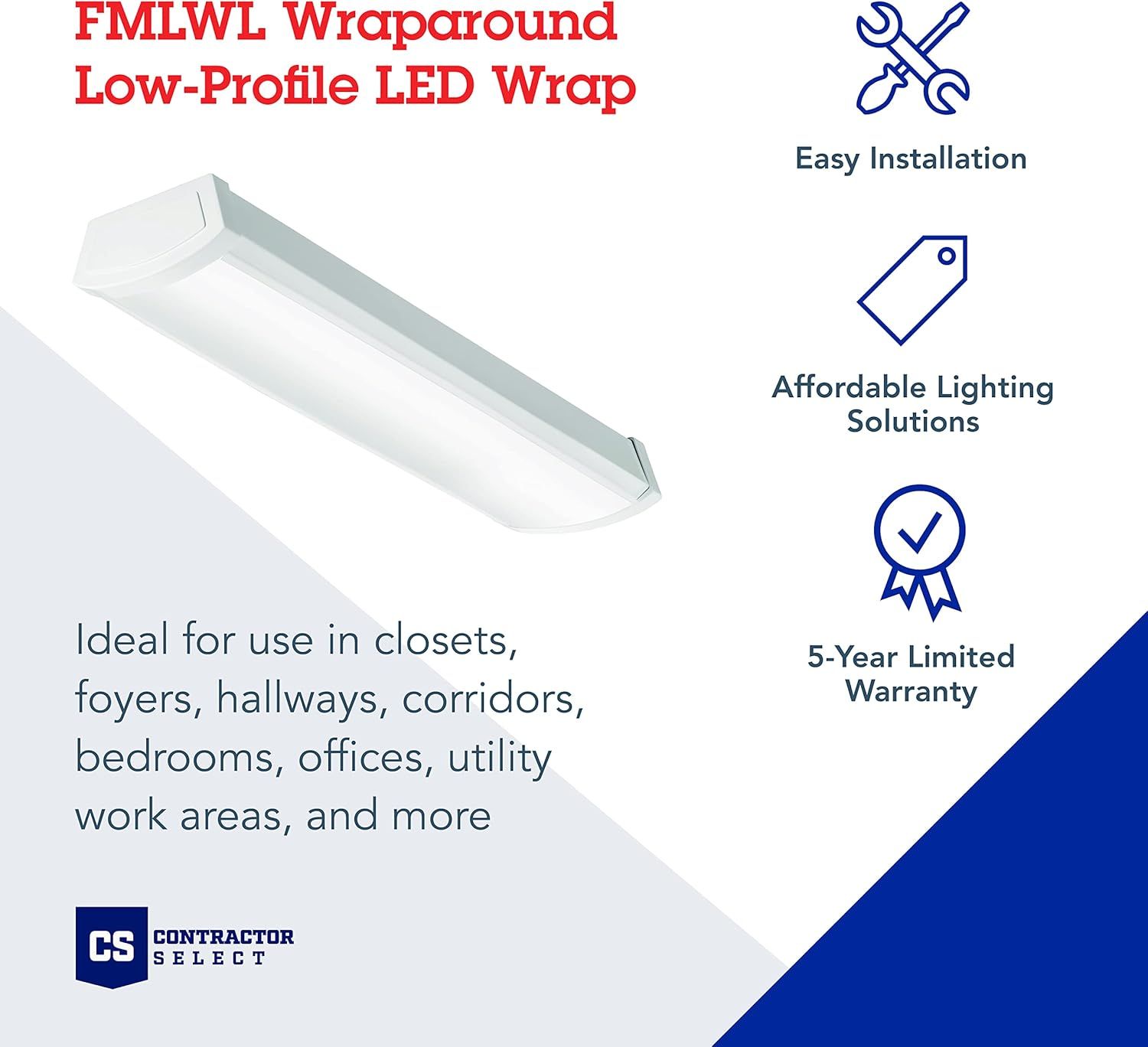 Communicates multiple key selling benefits of the LED wrap light fixture including ease of installation, affordability, and warranty coverage to reassure…