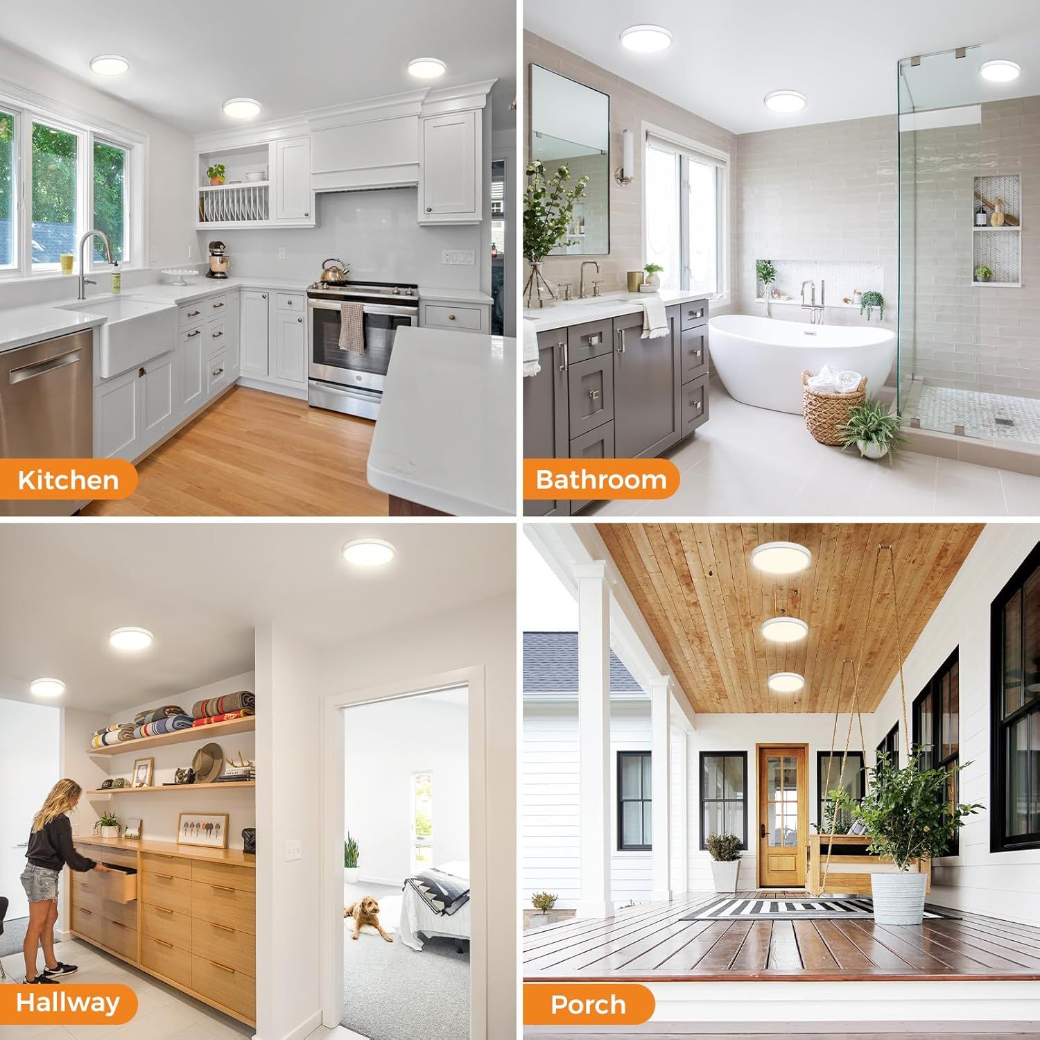 Demonstrates the product's versatility by showing it installed in multiple different home environments (kitchen, bathroom, hallway, porch) to reassure…