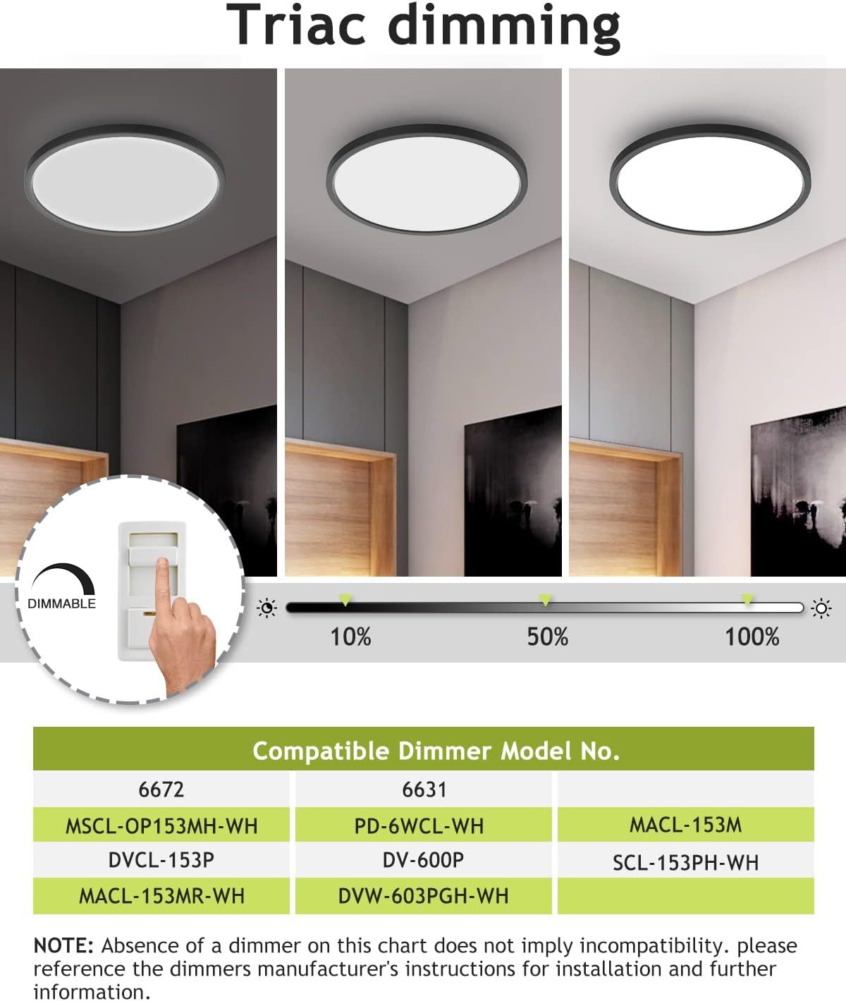 Demonstrates the product's dimming capability from 10% to 100% brightness and provides compatibility information with specific dimmer models to reassure…