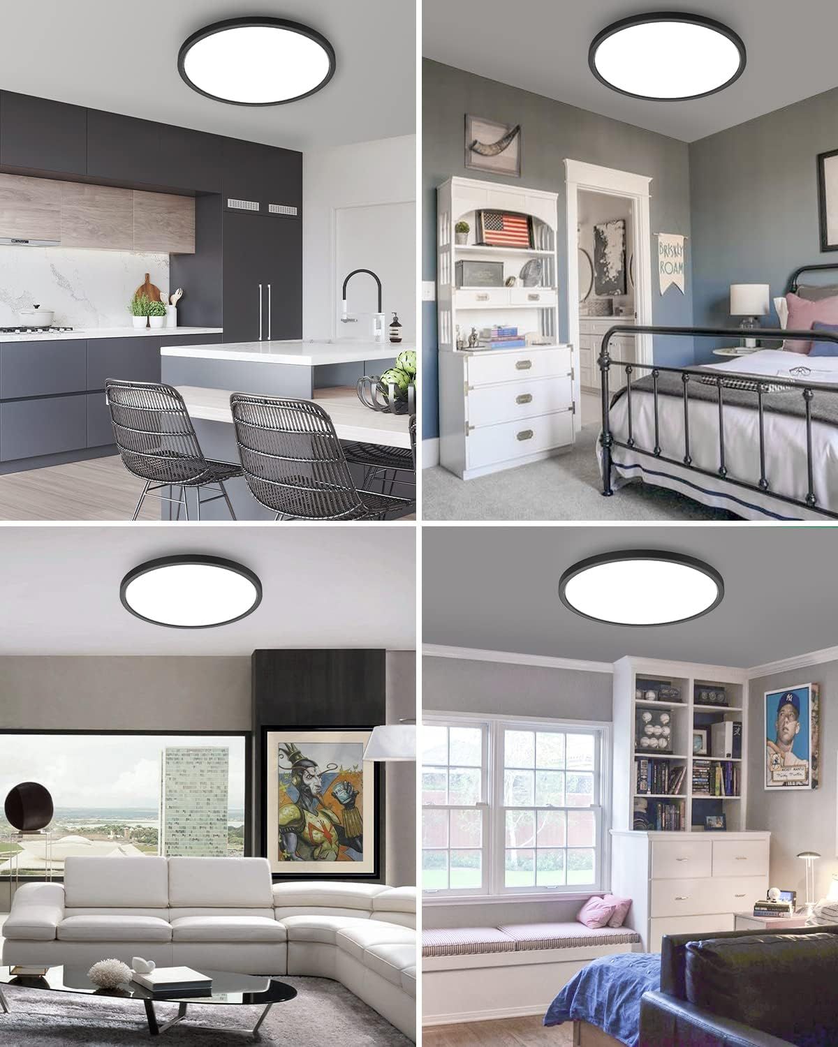 Demonstrates the ceiling light fixture's versatility by showing it installed in multiple different room types and interior design styles, reassuring shoppers…
