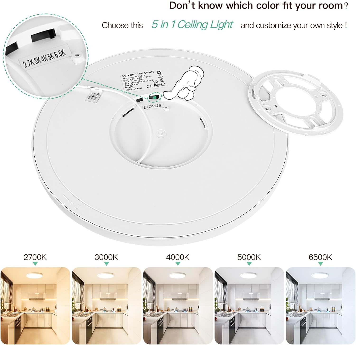 Demonstrates that the ceiling light offers five adjustable color temperature settings (2700K to 6500K), allowing shoppers to customize the lighting to match…