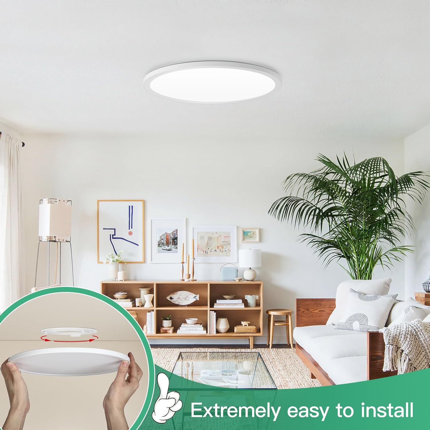 Demonstrates that the ceiling light is extremely easy to install, reassuring shoppers that setup will be quick and hassle-free. Highlights the key benefit of…