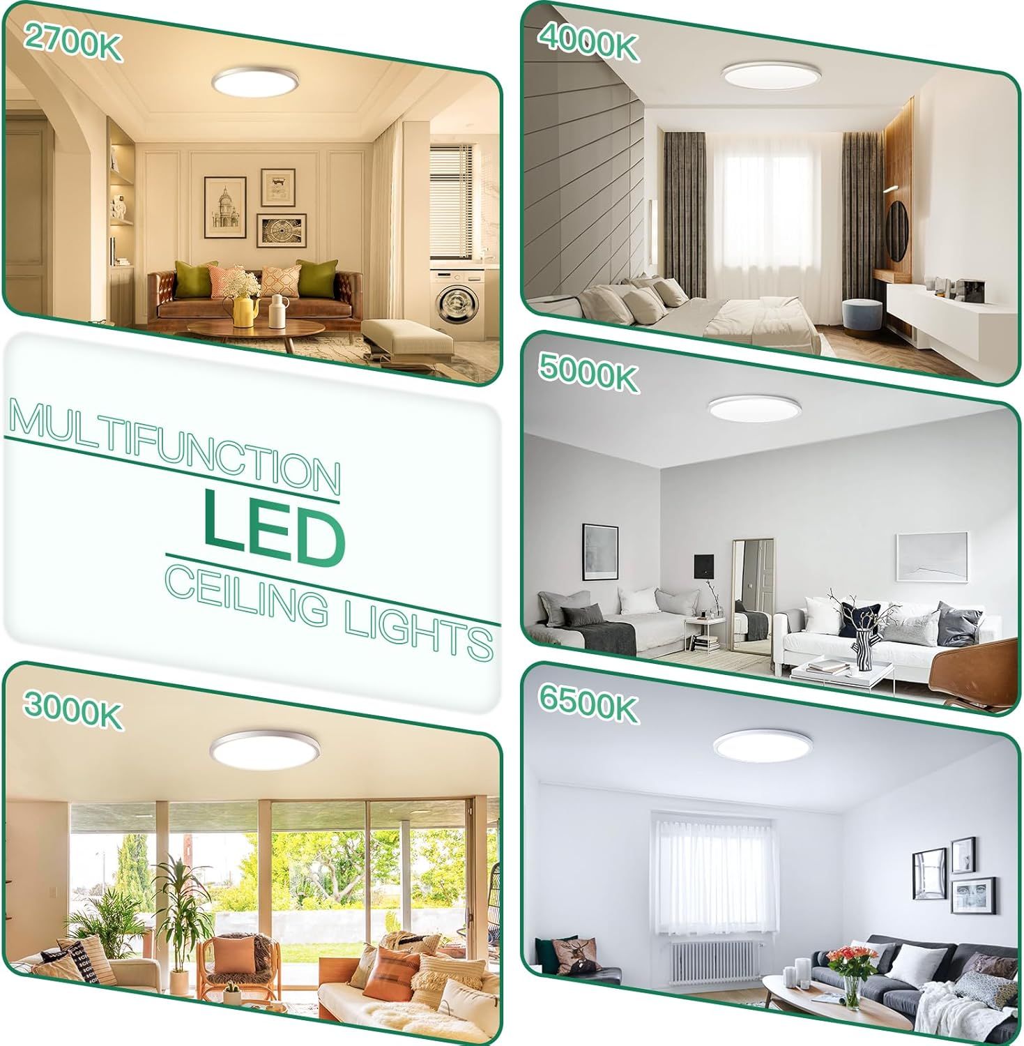 Demonstrates the LED ceiling light's versatility by showing it in multiple room settings (living room, bedroom, etc.) with different color temperature options…