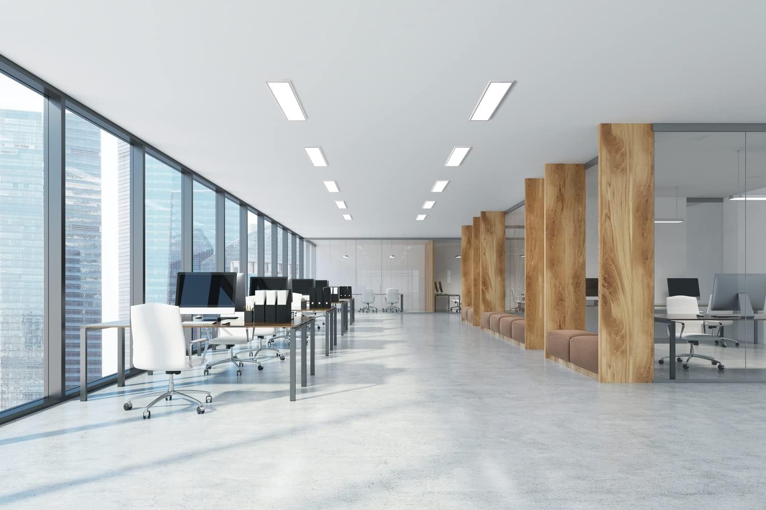 Showcases the product (office furniture, lighting, or architectural elements) in a real-world professional office setting to help shoppers visualize how it would look and function in their own…
