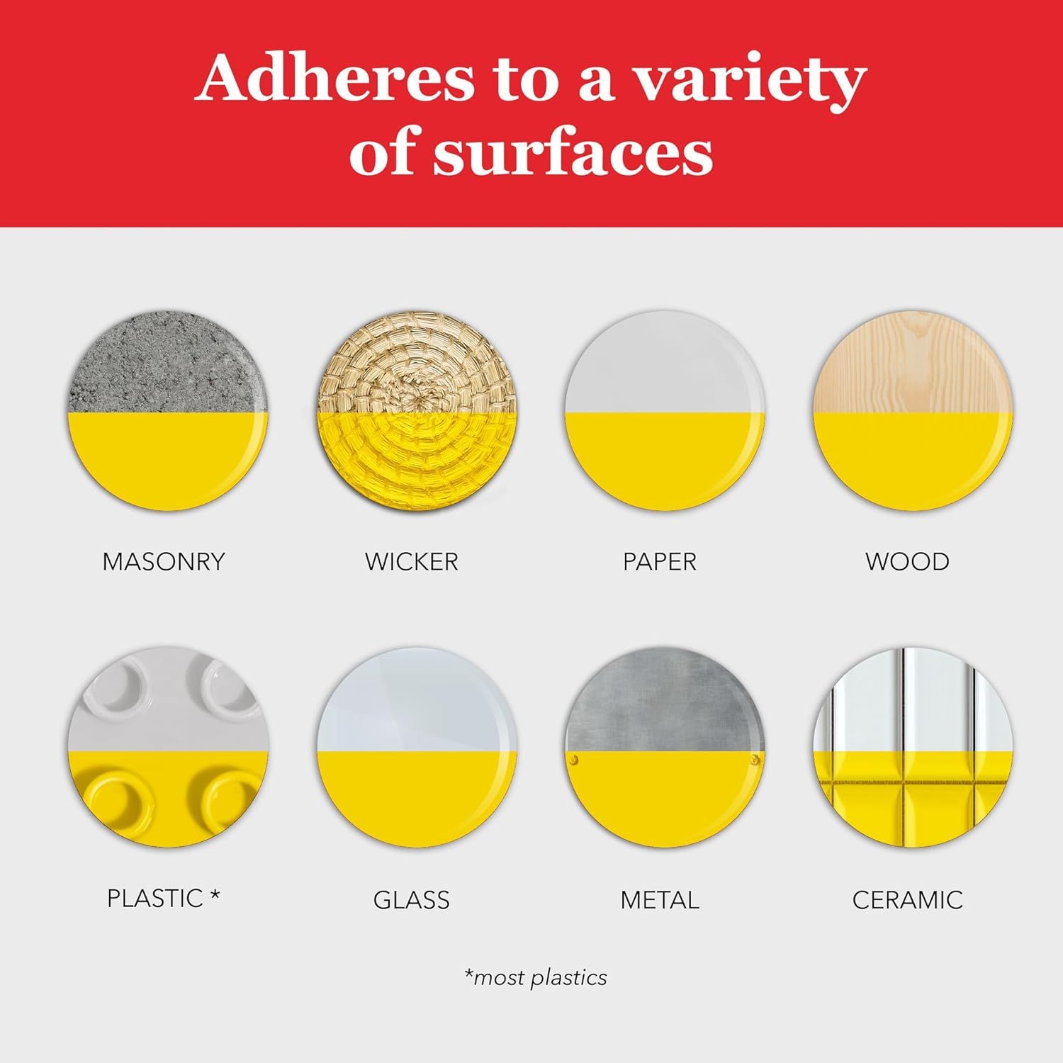 Demonstrates the product's versatility by showing it adheres to eight different surface types (masonry, wicker, paper, wood, plastic, glass, metal, ceramic),…