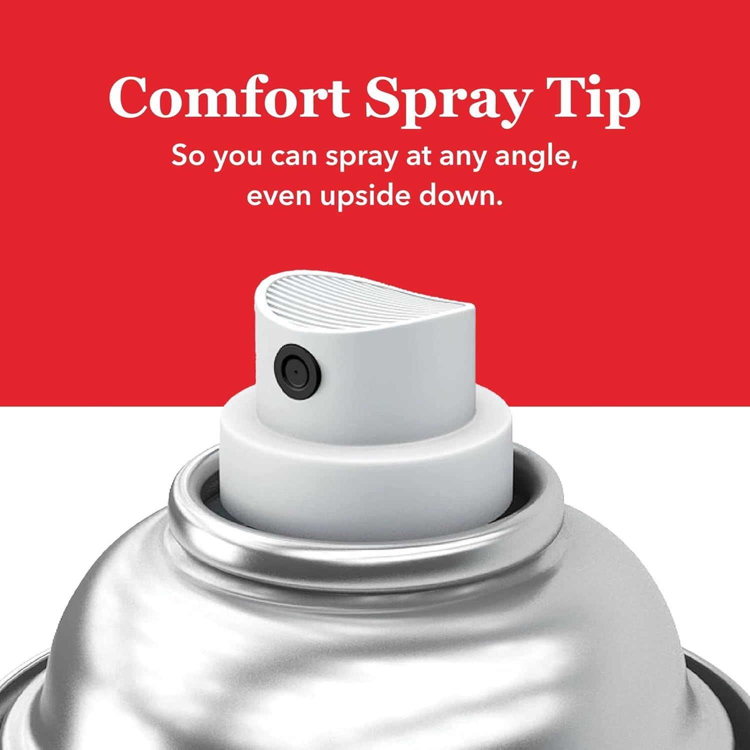 Highlights the comfort spray tip feature that allows the product to spray at any angle, even upside down, emphasizing ease of use and versatility.…