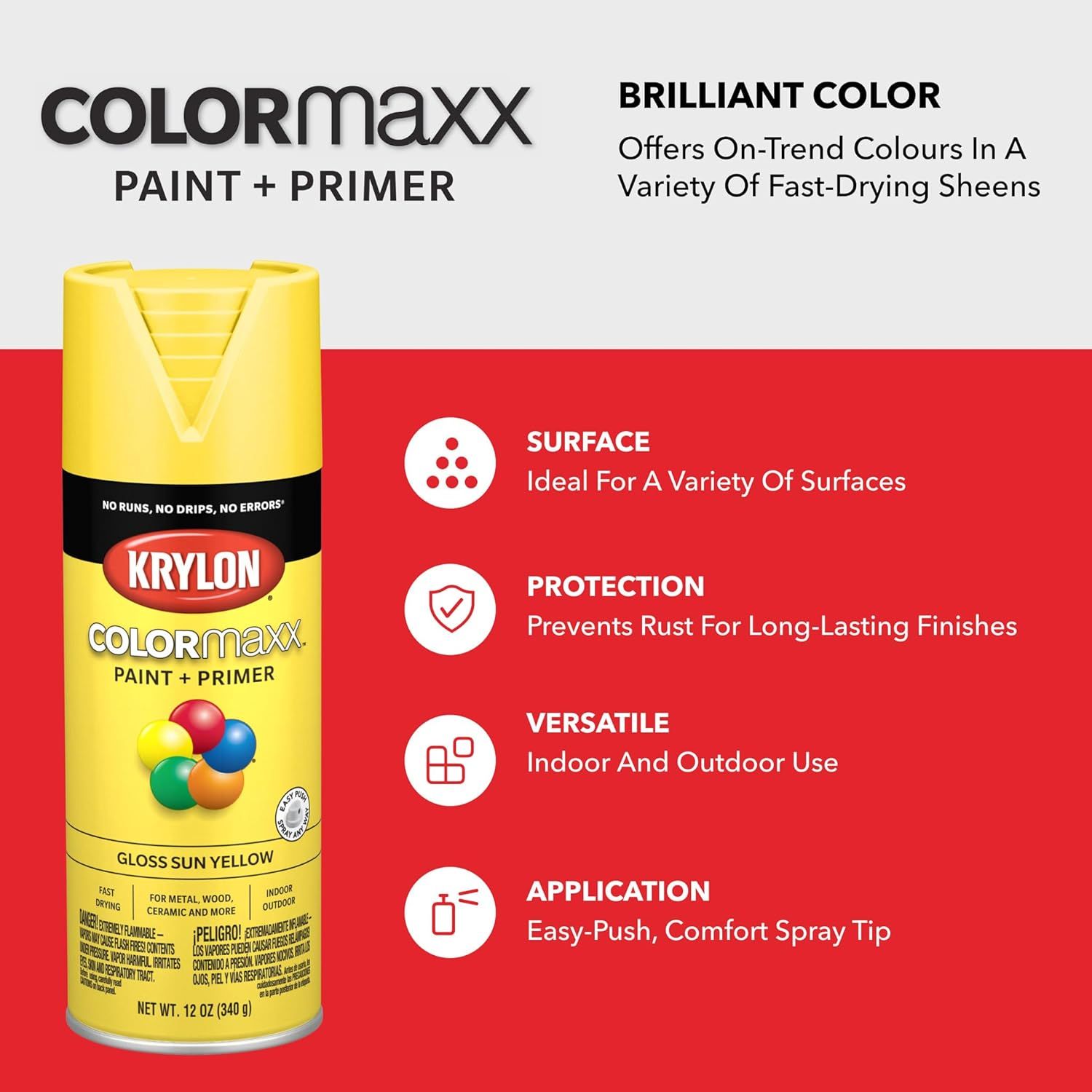 Communicates multiple key benefits of the Krylon ColorMaxx paint in a segmented layout, highlighting color quality, surface compatibility, protection,…