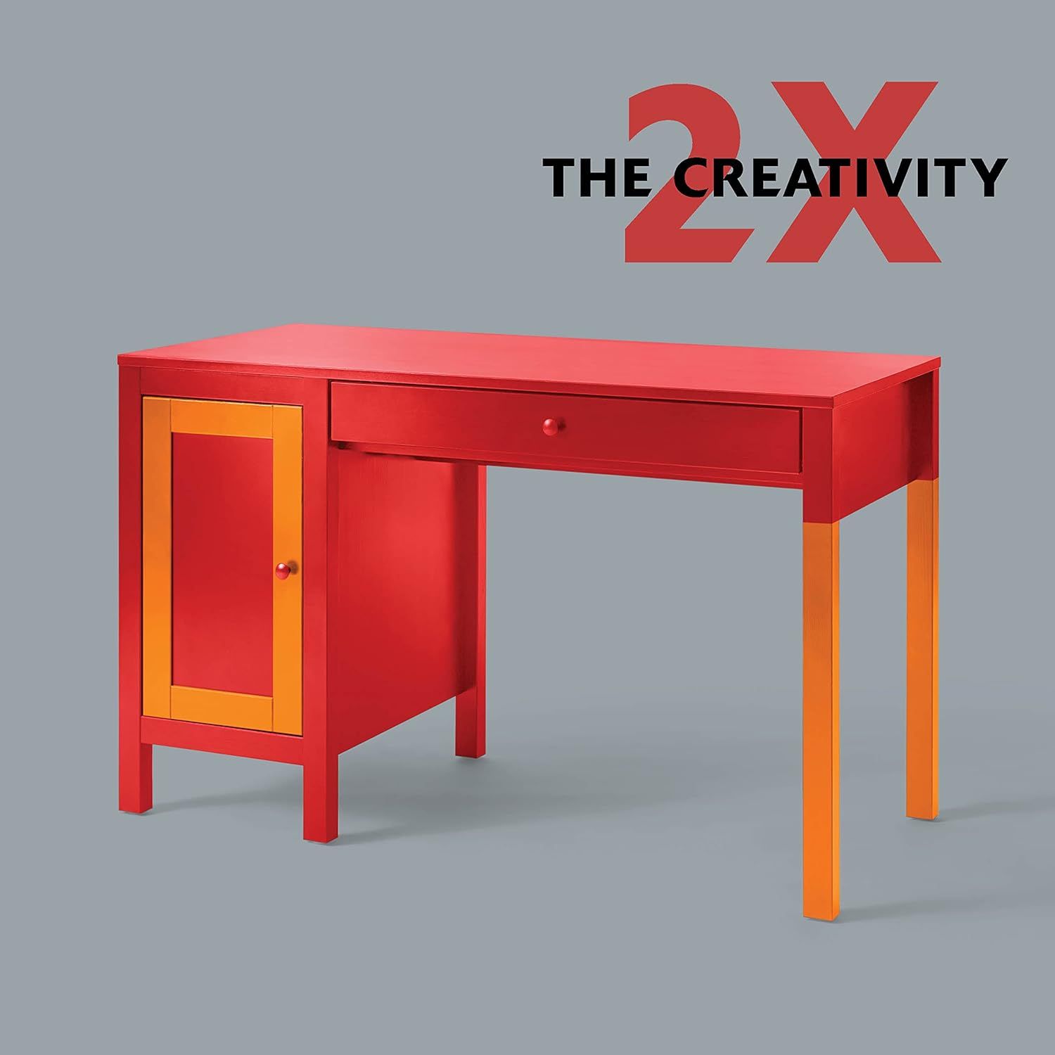 Highlights the product's unique creative design with bold red and orange color blocking to communicate style and creativity as a key benefit for shoppers…