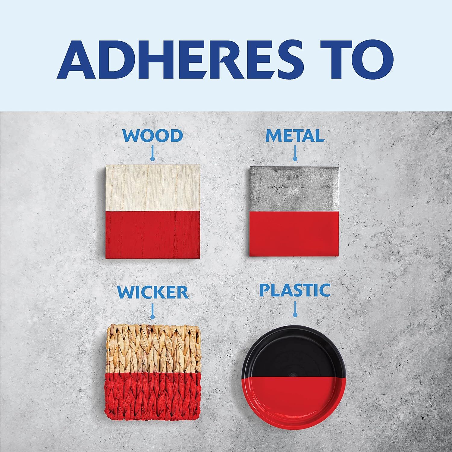 Demonstrates that the product adheres to multiple different material surfaces including wood, metal, wicker, and plastic, reassuring shoppers of its…