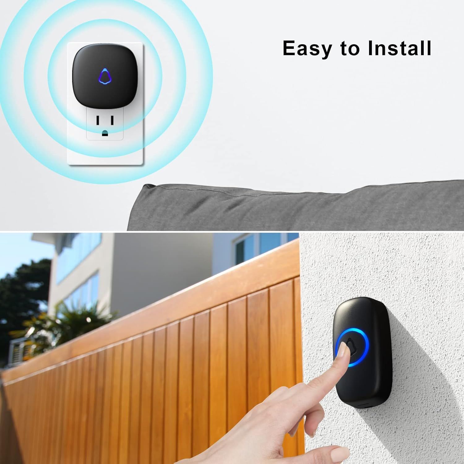 Demonstrates how simple it is to install and use the product by showing it plugged into a wall outlet and mounted outdoors, reassuring shoppers that no…