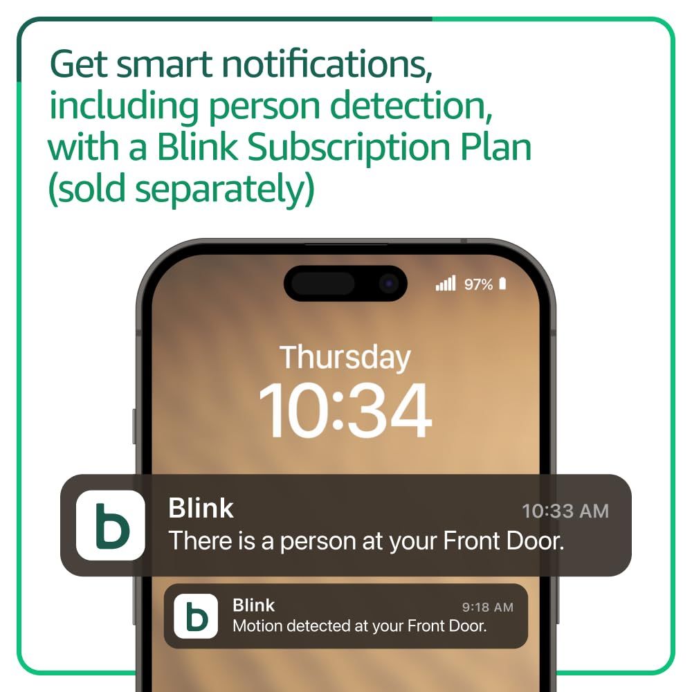 Communicates that the product provides intelligent alerts including person detection capabilities when paired with a Blink Subscription Plan, reassuring…