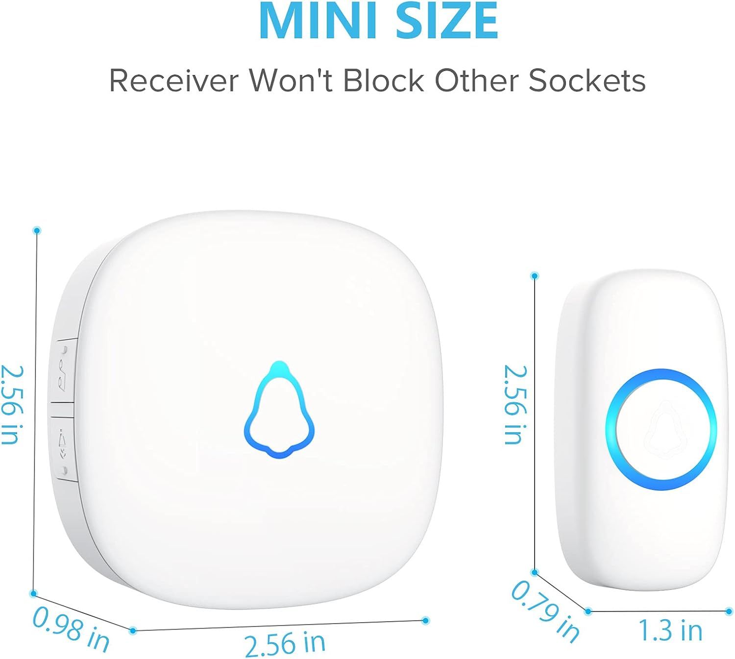 Communicates the small, space-saving physical dimensions of both the receiver and transmitter units, reassuring shoppers that the devices won't block other…