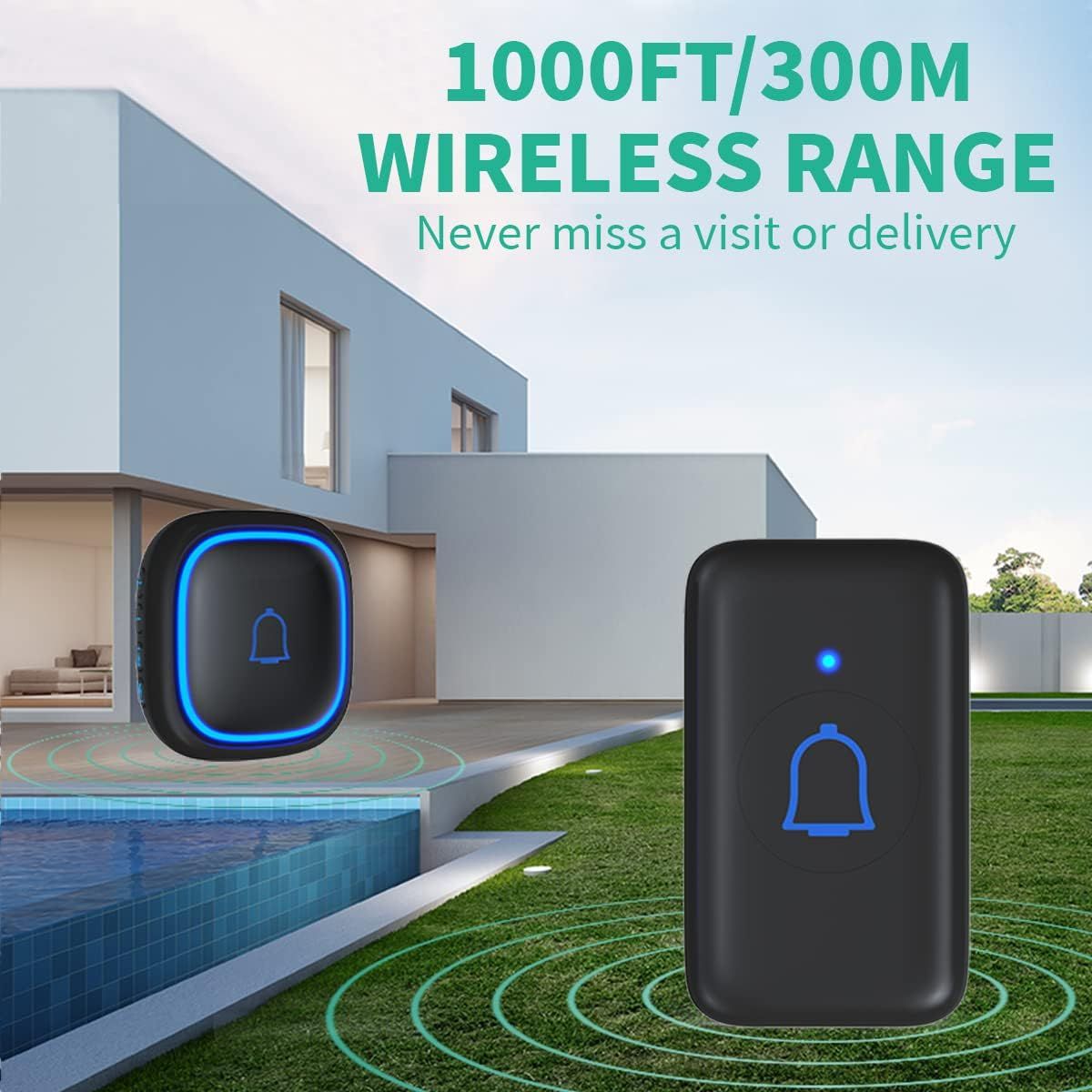 Communicates the impressive wireless range capability of the doorbell system to reassure shoppers they won't miss visitors or deliveries even in large…