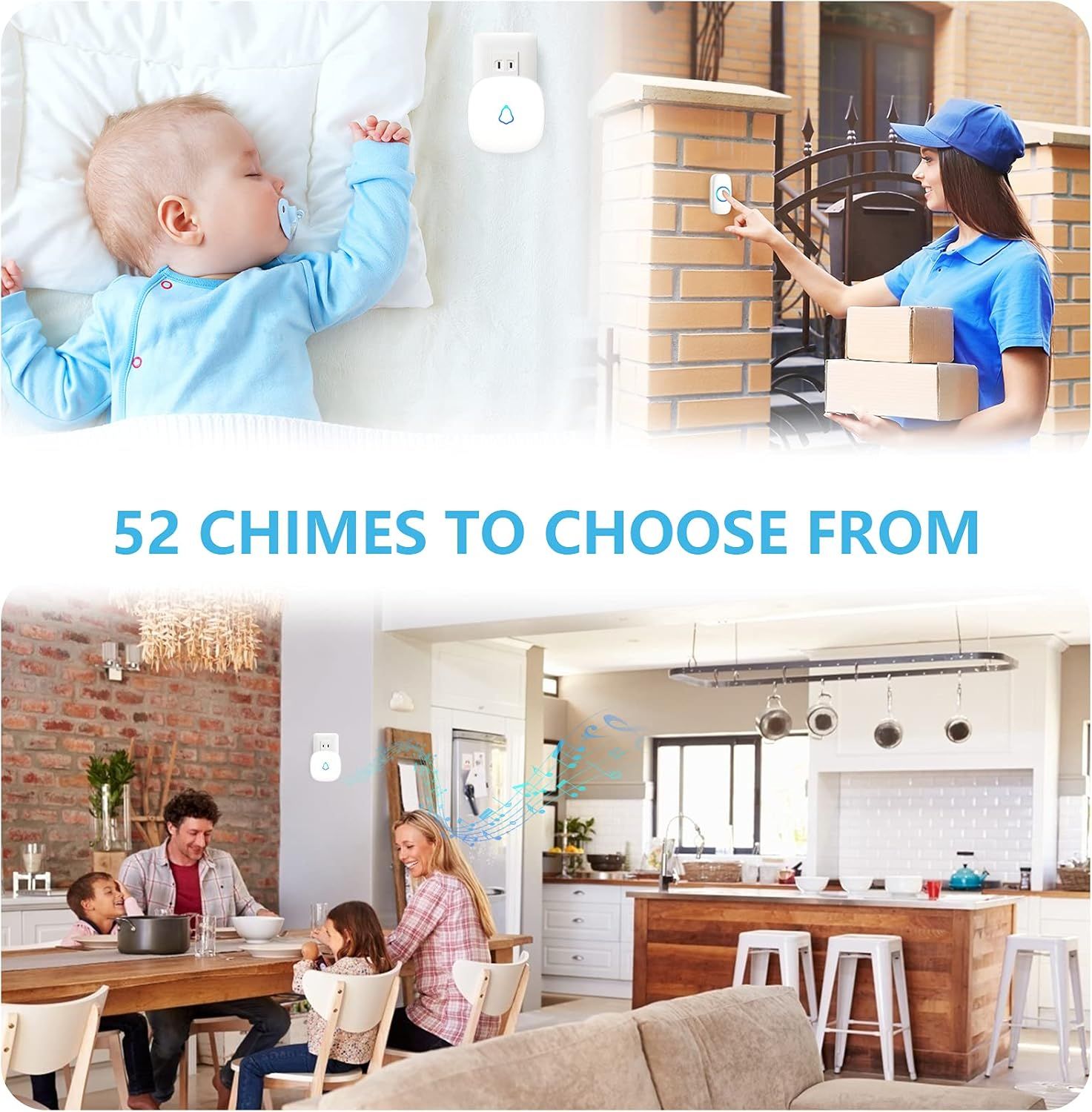 Demonstrates the versatility of the doorbell/chime system across multiple real-world scenarios including baby monitoring, delivery alerts, and whole-home…