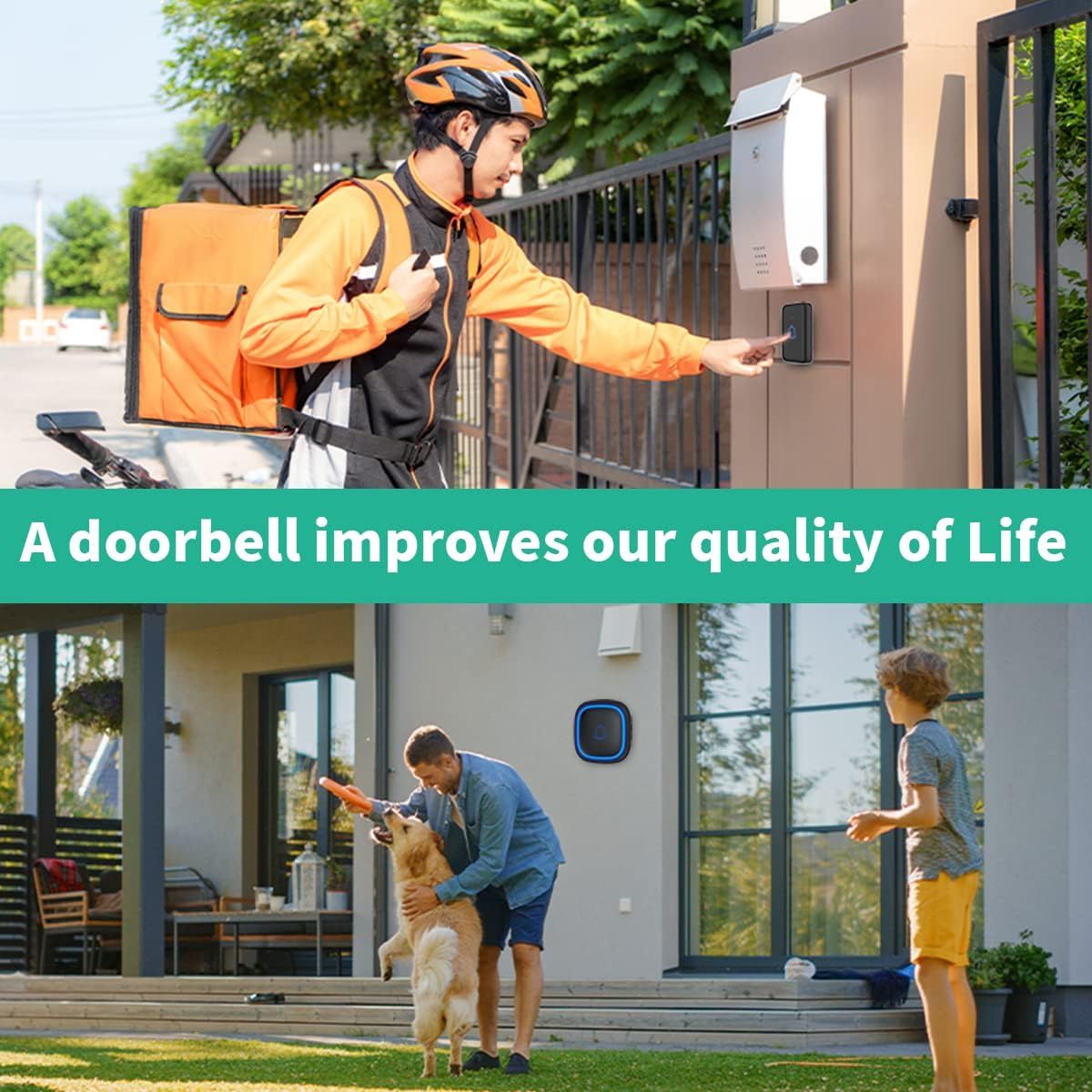 Demonstrates the doorbell's versatility by showing two distinct real-world applications: enabling secure delivery access and providing home security for…