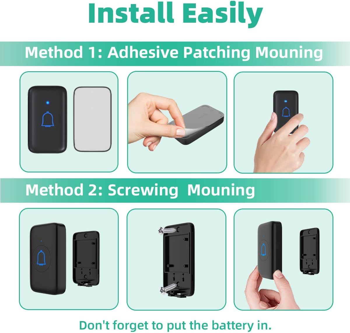 Demonstrates step-by-step installation instructions for the doorbell, showing two different mounting options (adhesive and screwing) to reassure shoppers that…