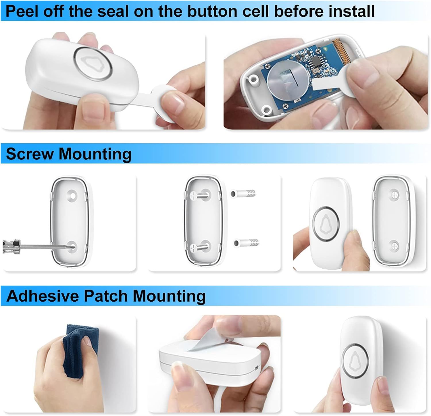 This image provides step-by-step installation guidance, showing shoppers how to prepare the button cell battery and offering two mounting methods (screw…