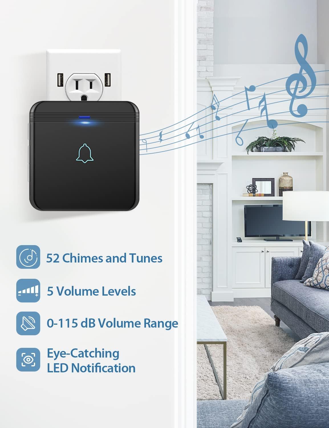Communicates the doorbell chime's versatility and customization options, reassuring shoppers they can adjust sound and volume to their preferences and receive…