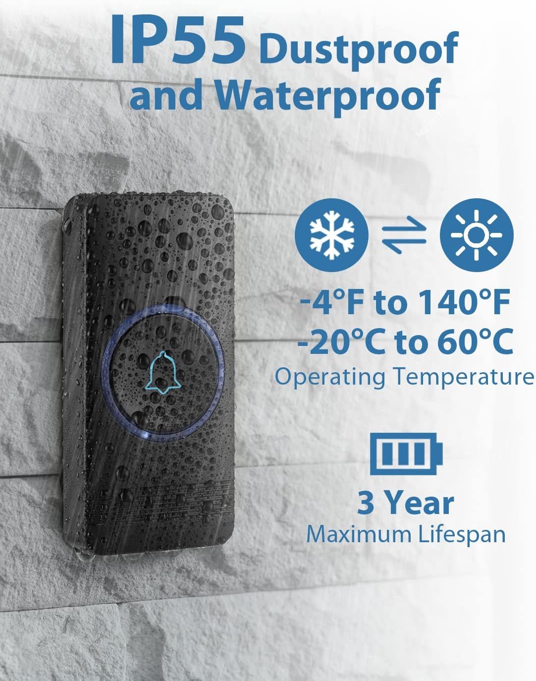 Communicates multiple key benefits of the doorbell including weather resistance, extreme temperature durability, and long battery life to reassure shoppers of…