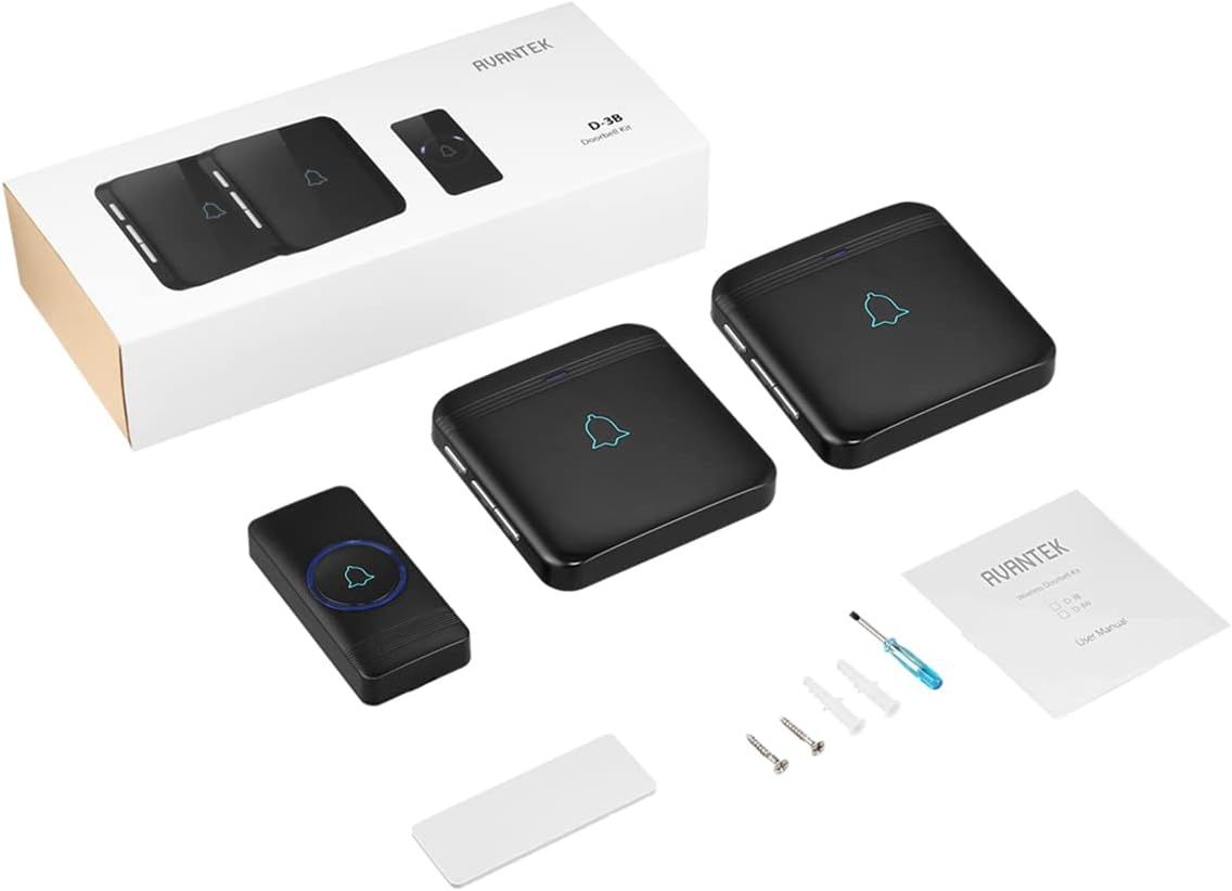 Shows everything included in the package—doorbell receivers, button, mounting hardware, and manual—to reassure shoppers they're getting a complete wireless doorbell system.