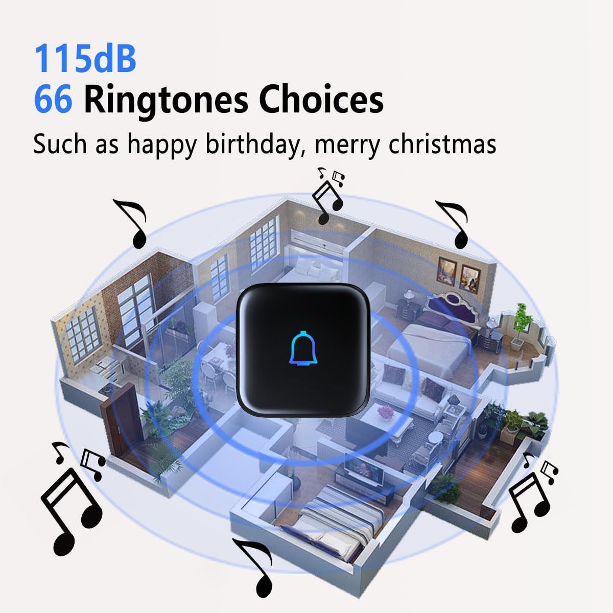 Demonstrates the product's versatility by showing it can be used in multiple rooms throughout a home with various ringtone options for different occasions…