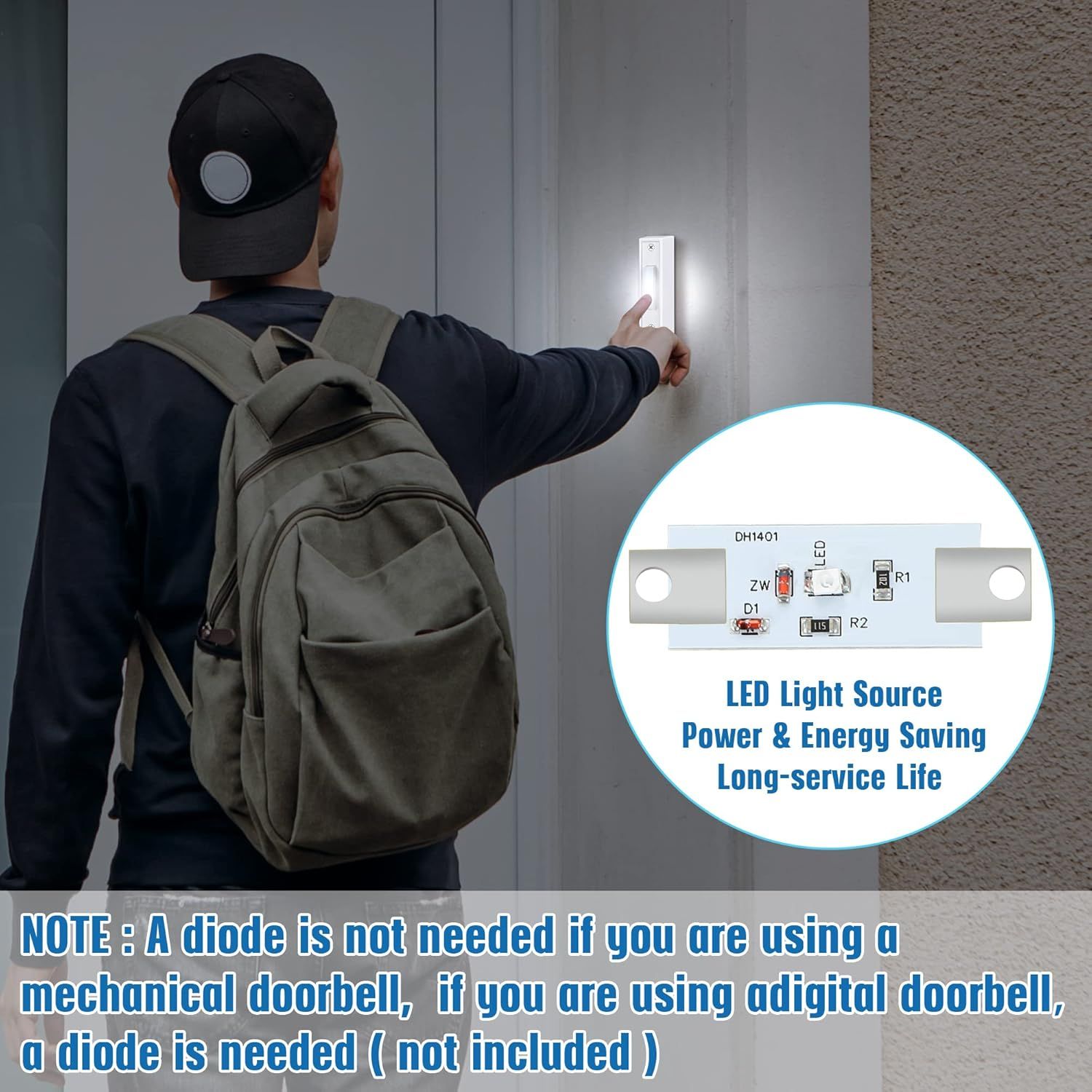 Shows the internal circuit board and LED light source to educate shoppers about the technical components and energy-efficient design of the doorbell.…
