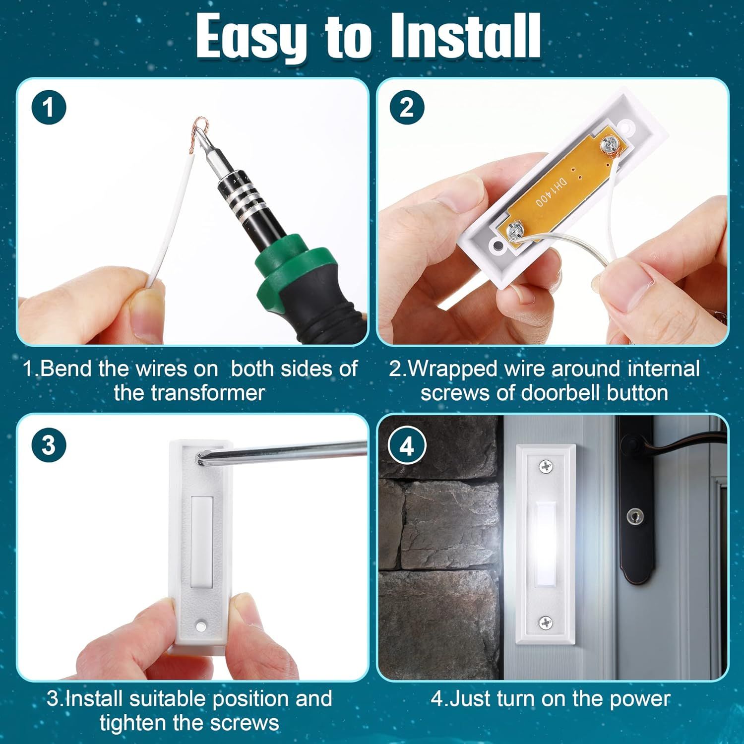 Demonstrates the simple 4-step installation process for the doorbell button to reassure shoppers that setup is quick and straightforward, even without…