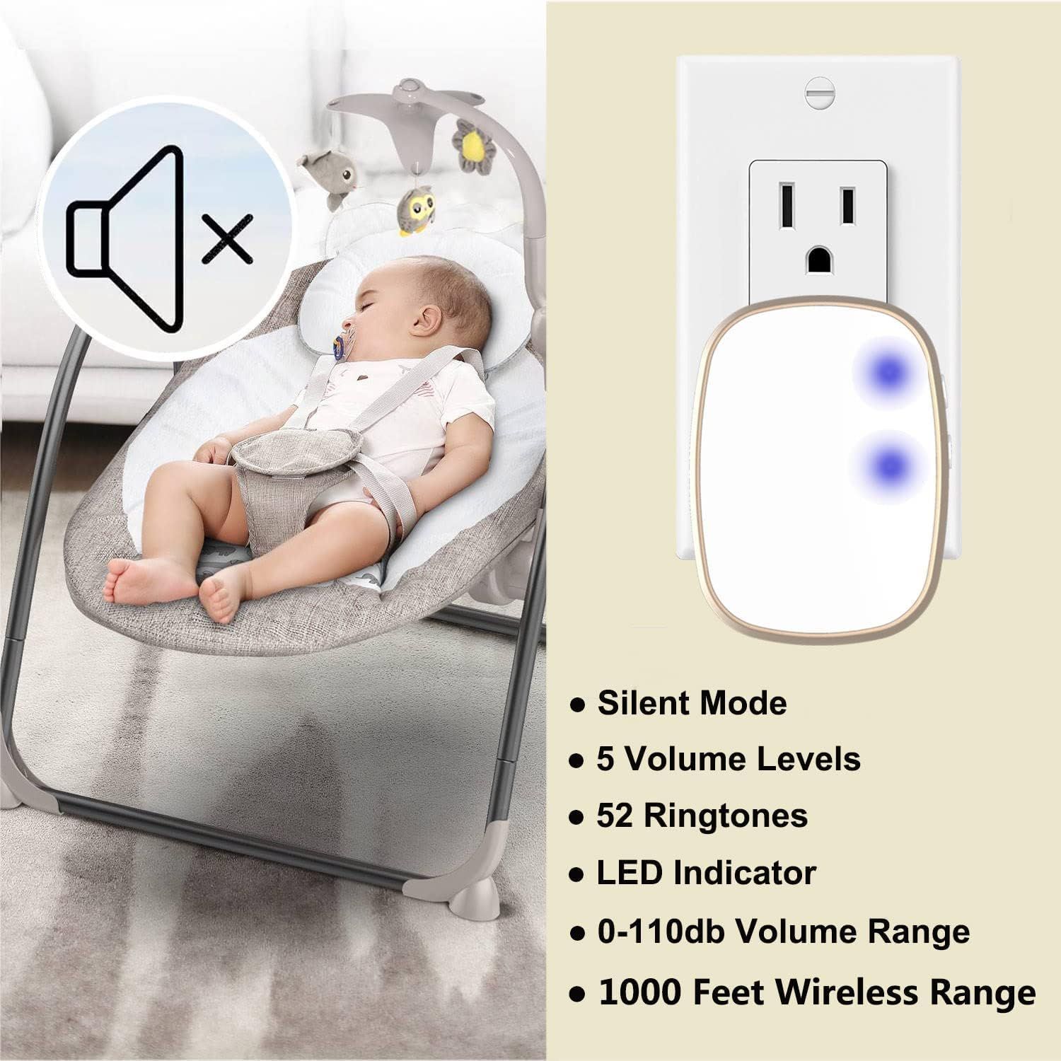Communicates multiple technical features and benefits of the wireless doorbell or chime device, emphasizing its versatility with silent mode, adjustable…