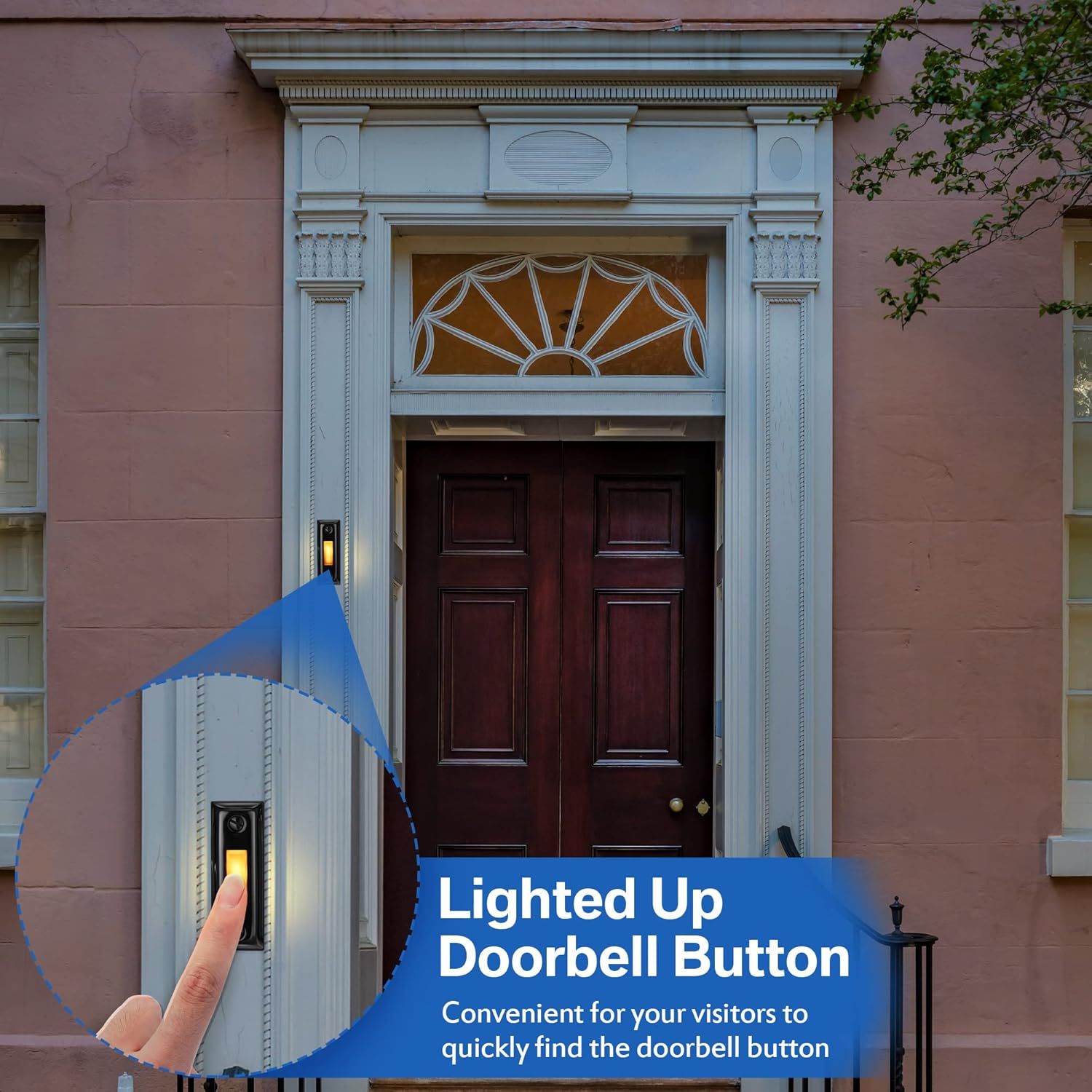 Highlights the illuminated doorbell button feature to reassure shoppers that visitors can easily locate the doorbell in low-light conditions, improving…