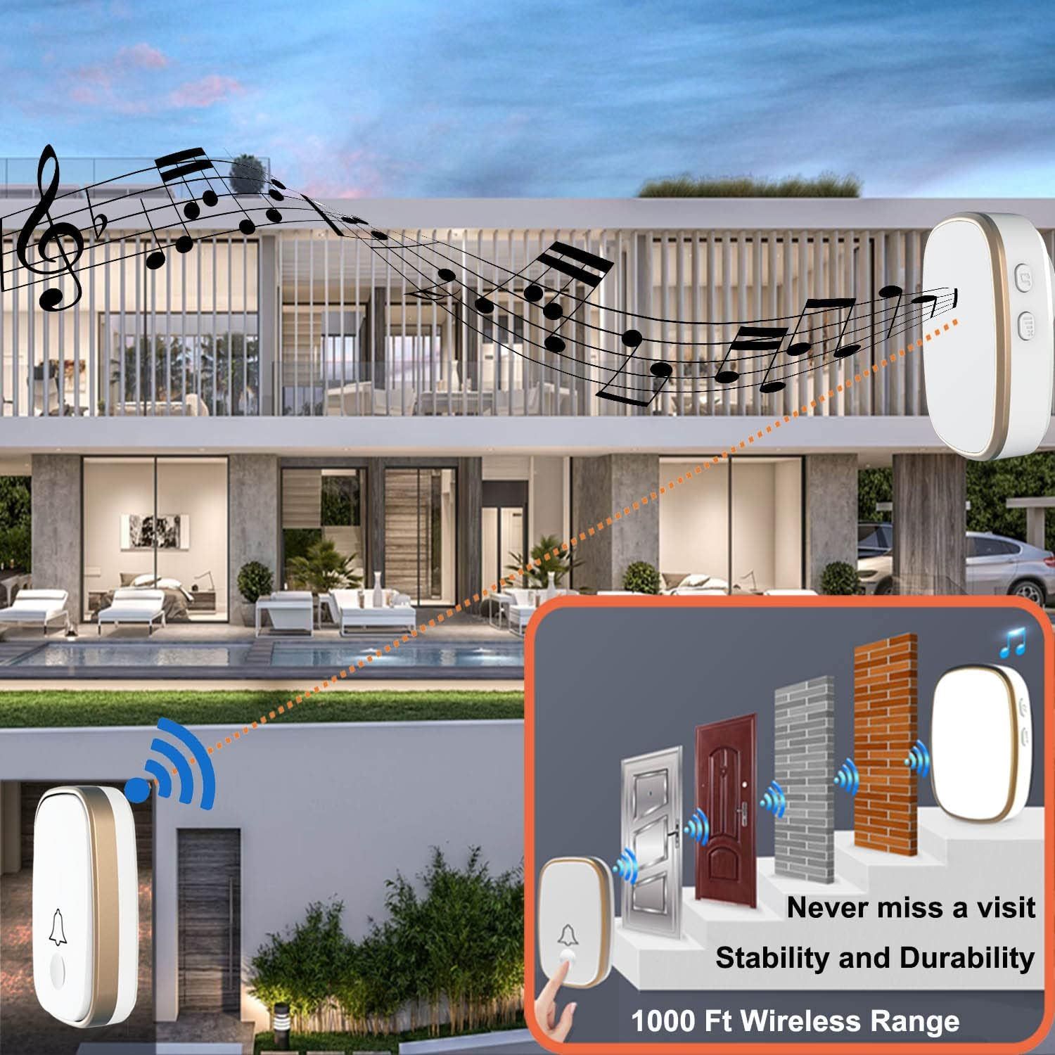 Highlights the impressive 1000-foot wireless range capability of the doorbell system to reassure shoppers that the product will work reliably across large…