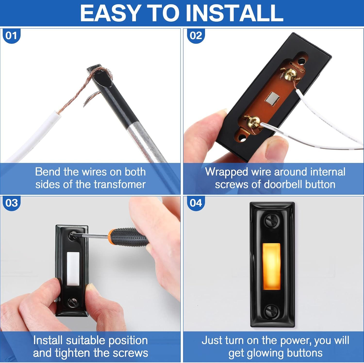 This image demonstrates the step-by-step installation process for a doorbell button, reassuring shoppers that the product is simple to install without…