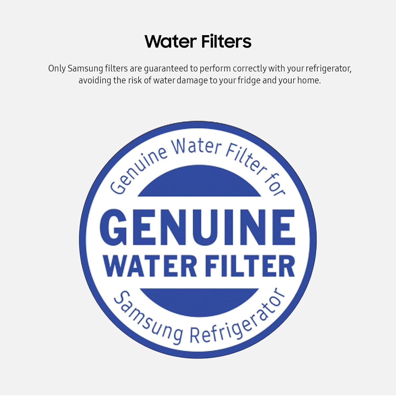 Communicates brand authenticity and trust by emphasizing that only genuine Samsung filters are guaranteed to work correctly and safely with Samsung refrigerators, avoiding water damage risks.